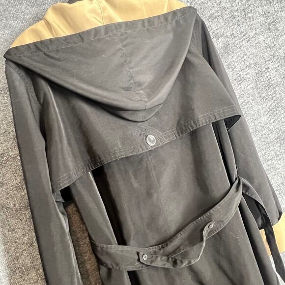 Misty Harbor Trench Coat Womens Medium Black Tan Classic Hood Belt Outdoor Rain - Picture 6 of 11